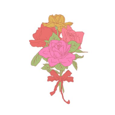 El çizimi sanat retro paleti beyaz arka planda izole gül buketi. Klasik romantik botanik vektör çizimi