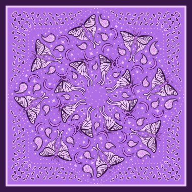 Mor atkı ya da launa güveli bandana ve desenli mandala deseni. Kelebekli tek renkli menekşe halı tasarımı. Soyut boho gece böcekleri arkaplanı.