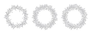 Beyaz arkaplanda siyah beyaz çizgili lale çiçeği çelenkleri var. Tek renkli bahar çiçekli şablonlar kartlar için demetler, davetiyeler. Vektör illüstrasyonu