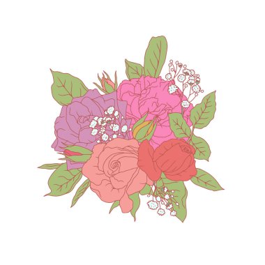 El çizimi sanat retro paleti gül ve bebek nefesi çiçek buketi beyaz arka planda izole. Klasik romantik posta vektör çizimi