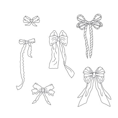 Şirin el çizimi, beyaz arka planda izole edilmiş siyah beyaz papyon düğümleri. Oldukça klasik monokrom çizgili sanat coquettes seti. Karalama süsleme klibi. Vektör illüstrasyonu