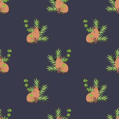 Çizgi film kapibarası ve siyah arka planda yeşil orman bitkileriyle kusursuz desen. Şirin Güney Amerika hayvanları çocuklar için tekrarlanan tasarım. Vektör illüstrasyonu