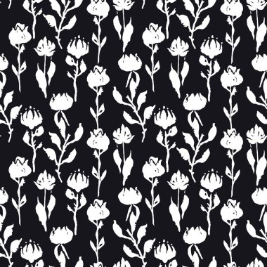 Siyah beyaz eli ve çiçekleri ve yaprakları olan kusursuz bir desen. Botanik arka planı gevşek. Kaba çiçekler, tek renkli duvar kağıtları..