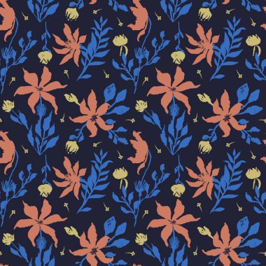 Elle çizilmiş çiçek ve yapraklarla kusursuz desen. Botanik arka planı gevşek. Kaba çiçek desenli duvar kağıdı.