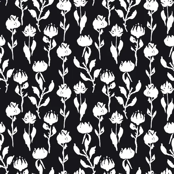 Siyah beyaz eli ve çiçekleri ve yaprakları olan kusursuz bir desen. Botanik arka planı gevşek. Kaba çiçekler, tek renkli duvar kağıtları..