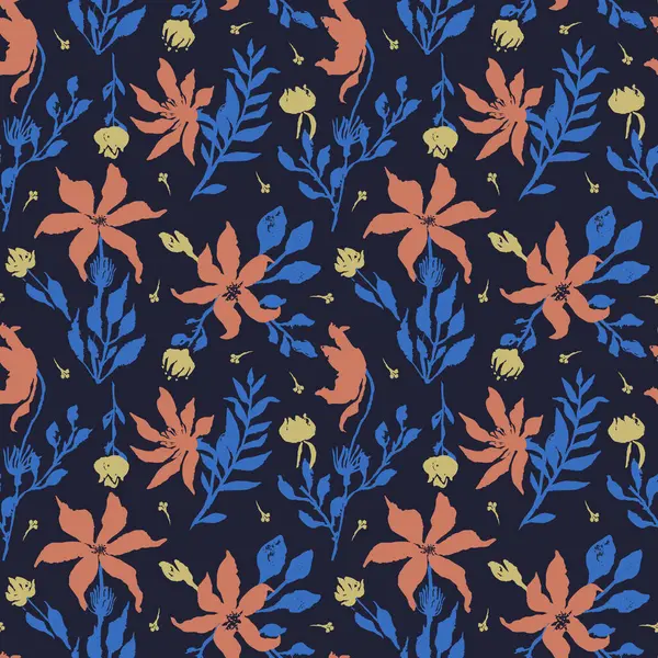 Elle çizilmiş çiçek ve yapraklarla kusursuz desen. Botanik arka planı gevşek. Kaba çiçek desenli duvar kağıdı.