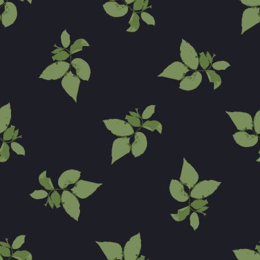 Siyah arka planda kurumuş bitkisel yaprakları olan kusursuz bir desen. Cottagecore duvar kâğıdı. Boho botanik dokusu. Ekolojik ve doğal tasarım.