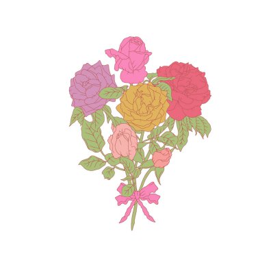 El çizimi sanat retro paleti beyaz arka planda izole gül buketi. Klasik romantik botanik vektör çizimi