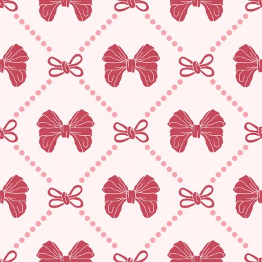 Pembe düğümlerle çizilmiş, kusursuz bir desen. Oldukça eski moda duvar kağıtları. Düğün, doğum günü ya da sevgililer günü dekorasyonu için klasik romantik arka plan. Vektör illüstrasyonu