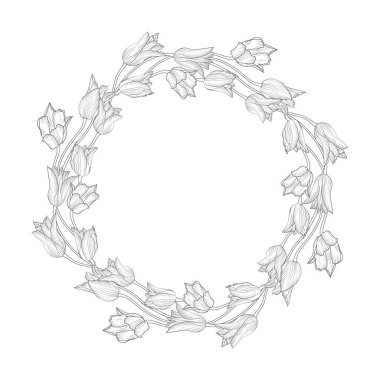 Beyaz arka planda siyah beyaz çizgili lale çiçeği çelengi. Kartlar için tek renkli bahar çiçekli şablon, boyama sayfaları. Vektör illüstrasyonu