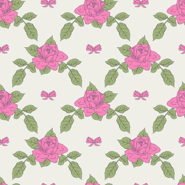 Klasik sanat eseri pembe gül buketleri ve beyaz arka planda pürüzsüz düğümler. Romantik çiçek kompozisyonu arka planı tekrarlıyor. Yaz tasarımları için güzel el çizimi botanik duvar kağıdı