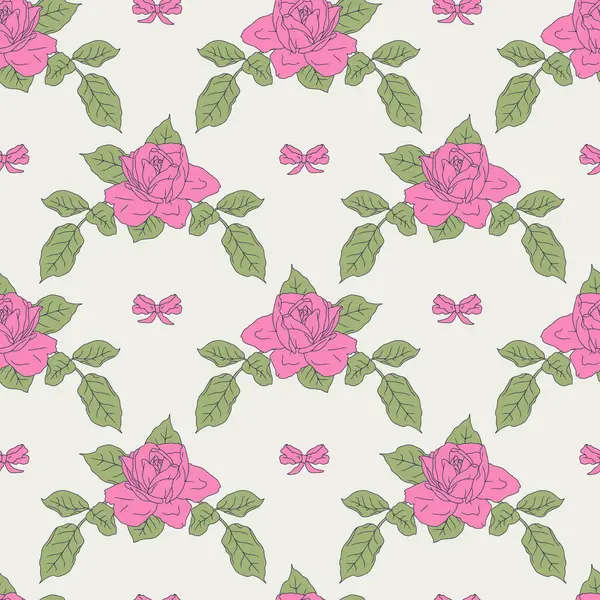 Klasik sanat eseri pembe gül buketleri ve beyaz arka planda pürüzsüz düğümler. Romantik çiçek kompozisyonu arka planı tekrarlıyor. Yaz tasarımları için güzel el çizimi botanik duvar kağıdı