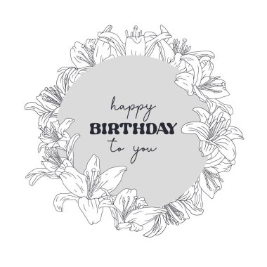 El çizimi siyah beyaz çizgili, çiçekli çiçek çelengi. Mutlu yıllar sana. Şirin çiçek desenli klasik monokrom kart şablonu. Botanik vektör illüstrasyonu