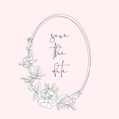 El çizimi sanat eseri, siyah-beyaz gül çiçekleri oval çelenk ve yazı, tarihi pembe arka plana kaydet. Klasik monokrom romantik çiçek çerçevesi şablonu vektör illüstrasyonu
