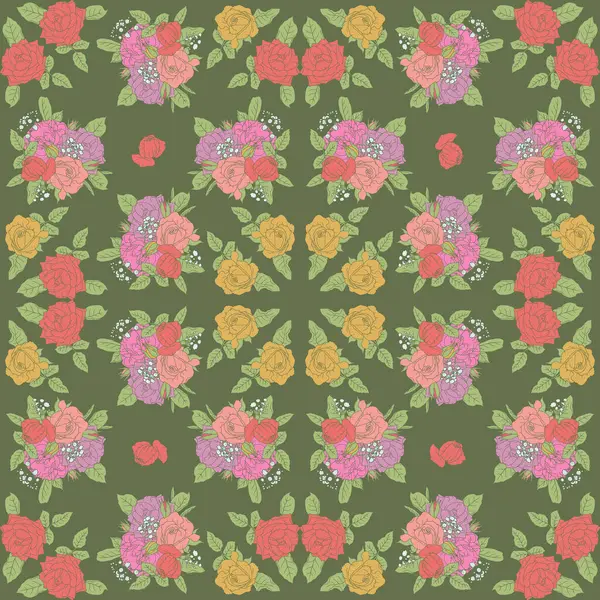 Klasik sanat eseri pembe gül filizleri, dikişsiz yeşil arkaplan. Romantik çiçek kompozisyonu arka planı tekrarlıyor. Eşarp tasarımları için güzel bir el çizimi botanik duvar kağıdı. vektör illüstrasyonu