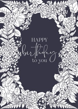 Güzel el çizimi siyah-beyaz çizgi, gül çiçekleri ve dikey oval çerçeve, siyah arkaplanda, mutlu yıllar sana. Klasik romantik çiçekli sınır kartı şablonu