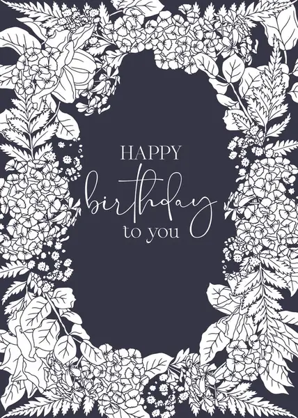 Güzel el çizimi siyah-beyaz çizgi, gül çiçekleri ve dikey oval çerçeve, siyah arkaplanda, mutlu yıllar sana. Klasik romantik çiçekli sınır kartı şablonu
