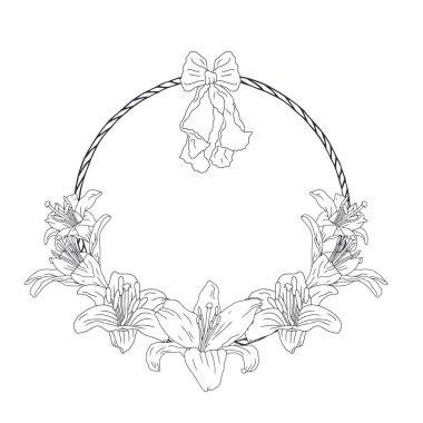 El çizimi siyah beyaz çizgili, zambak çiçeği çelengi. Şirin çiçek desenli klasik monokrom kart şablonu. Botanik vektör çizimi beyaza izole edildi.