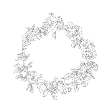 El çizimi siyah beyaz gül çiçekleri çerçeve etrafında. Klasik romantik monokrom çiçekli çelenk buket vektör çizimi