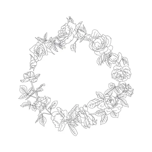 El çizimi siyah beyaz gül çiçekleri çerçeve etrafında. Klasik romantik monokrom çiçekli çelenk buket vektör çizimi