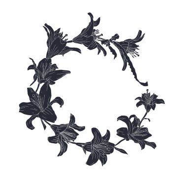 Nilüfer çiçeğinin el çizimi siyah silueti. Şirin çiçek desenli klasik monokrom kart şablonu. Botanik vektör çizimi beyaza izole edildi.