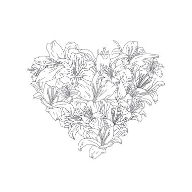 Beyaz arka planda izole edilmiş siyah beyaz zambak çiçekleriyle dolu el çizimi sanat kalp kompozisyonu. Klasik romantik çiçek kartı çizimi
