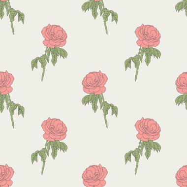 Bej arka planda elle çizilmiş pembe gül çiçekleri olan klasik dikişsiz desen. Boho çiçek desenli duvar kağıdı.