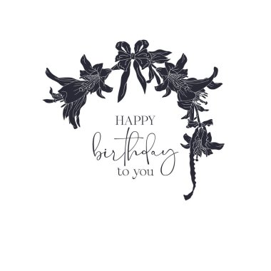 Nilüfer çiçeğinin el çizimi siyah çelengi. Mutlu Yıllar sana. Şirin çiçek desenli klasik monokrom kart şablonu. Botanik vektör illüstrasyonu