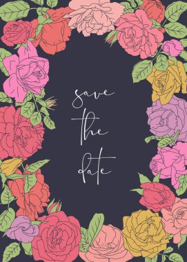 Güzel el çizimi sanat eseri pembe gül çiçekleri ve siyah arkaplanda dikey oval çerçeve ile tarihi kaydet. Düğün vektörü illüstrasyonu için klasik romantik sınır kartı şablonu