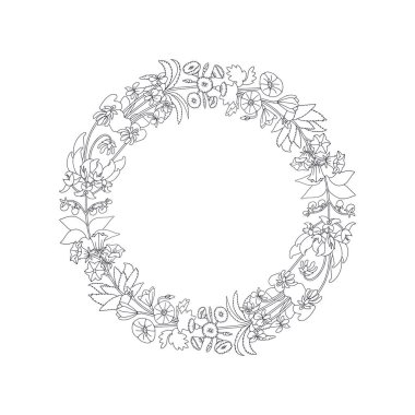 El çizimi siyah beyaz çizgili kanarya adaları çiçek çelengi. Şirin tek renkli çiçek desenli kart şablonu. Botanik vektör çizimi beyaza izole edildi.