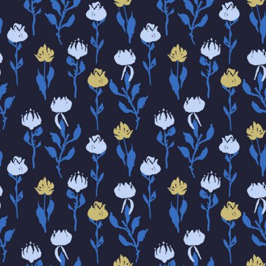 Elle çizilmiş çiçek ve yapraklarla kusursuz desen. Botanik arka planı gevşek. Kaba çiçek desenli duvar kağıdı.