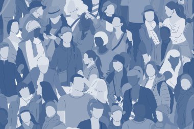 Tek renkli mavi kalabalıkla kusursuz bir düzen. Farklı insanlar, erkekler ve kadınlar. Çeşitlilik konsepti. Kalabalık saatte yürüyen yayalar. Vektör illüstrasyonu.