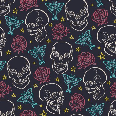 Luna güveleri ve güllerle çevrili elle çizilmiş mürekkepli çiçek kafatası desenleri. İskelet kafalar arka planda kelebekler ve çiçeklerle.