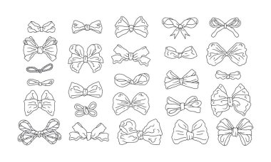 El çizimi siyah çizgi, beyaz arka planda izole edilmiş süslü fiyonk düğümü. Oldukça klasik minimalist coquette vektör çizim paketi