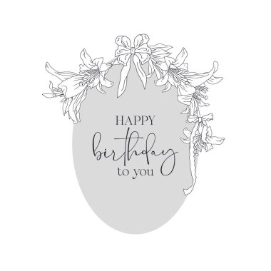 El çizimi siyah beyaz çizgili, çiçekli çiçek çelengi. Mutlu yıllar sana. Şirin çiçek desenli klasik monokrom kart şablonu. Botanik vektör illüstrasyonu