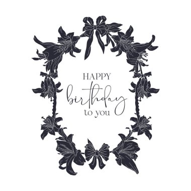 Nilüfer çiçeğinin el çizimi siyah çelengi. Mutlu Yıllar sana. Şirin çiçek desenli klasik monokrom kart şablonu. Botanik vektör illüstrasyonu