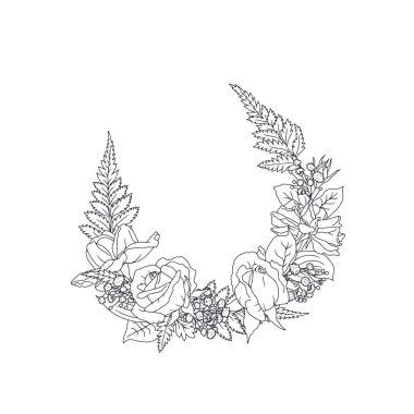 El çizimi siyah beyaz gül çiçekleri çerçeve etrafında. Klasik romantik monokrom çiçekli çelenk buket vektör çizimi
