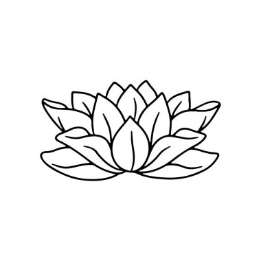 El çizimi siyah ve beyaz nilüfer çiçeği çizgisi çizimi beyaz arka planda izole edilmiş. Su zambağı tek renkli karalama klişesi