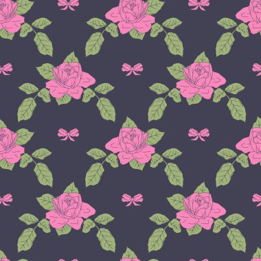 Klasik sanat eseri pembe gül buketleri ve koyu mavi arkaplanlı, pürüzsüz düğümler. Romantik çiçek kompozisyonu arka planı tekrarlıyor. Güzel el çizimi botanik duvar kağıdı