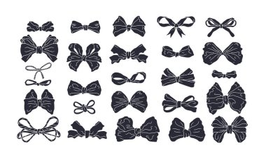 El çizimi siyah siluet süslü düğümler beyaz arka planda izole edilmiş. En küçük linocut biçimi şirin coquette vektör illüstrasyon paketi