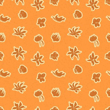 El çizimi soyut turuncu, gevşek, dikişsiz çiçek deseni. Çiçekler ve yapraklar organik kaba şekiller botanik tekstil arka planı. Boho minimal monokrom duvar kağıdı