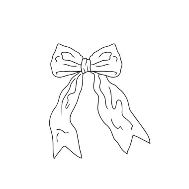 El çizimi siyah çizgi, beyaz arka planda izole edilmiş süslü fiyonk. Oldukça klasik minimalist coquette vektör çizimi