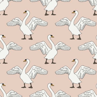 Pembe arka planda pürüzsüz kanatları olan el çizimi bir sanat kuğusu. Vektör tekrarlama tasarımı