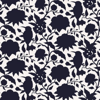 Tek renkli siyah-beyaz Çin yapımı el yapımı çiçekler ve kuş siluetleriyle kusursuz bir desen. Çiçek duvar kâğıdı, çin tarzı, dalların aktığı bir süs. Vektör illüstrasyonu.