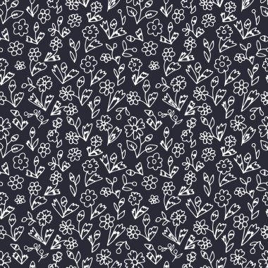 Tek renkli, siyah ve beyaz, dikişsiz çiçekli desen. Küçük çiçekli el yapımı vintage fon. Yarım yamalak çiçekli Cottagecore dokusu.