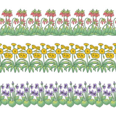 Çizgili çizgili çizgili çizgili kanarya desenleri. Çiçekler. Çiçeksel yatay kenarları el çizimi millefleur tarzı botaniklerle doludur. Vektör illüstrasyonu