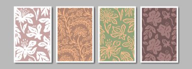 Poster ya da kart dizaynı için mürekkep fırçası soyut çiçek deseni. Sosyal medya veya duvar sanatı için minimalist karalama doğa arka plan paketi. Vektör illüstrasyonu.