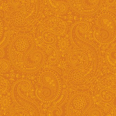 Soyut sarı desenli motifler ve turuncu arka planda dikişsiz çiçekler. Karmaşık doğu klasik duvar kâğıdı. Bohem tekstil tasarımı.