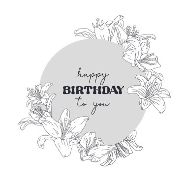 El çizimi siyah beyaz çizgili, çiçekli çiçek çelengi. Mutlu yıllar sana. Şirin çiçek desenli klasik monokrom kart şablonu. Botanik vektör illüstrasyonu