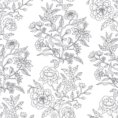 Siyah beyaz Jacobean desenli, el çizimi çiçekler ve beyaz arka planda yapraklar. Boho çiçek desenli duvar kağıdı ve Hint kumaşı süsü. Vektör illüstrasyonu
